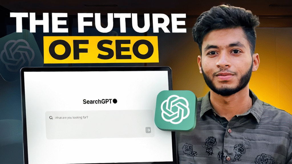 A professional SEO expert thumbnail with person replacing the man in the thumbnail . Same THE FUTURE OF SEO text and SearchGPT interface visible. Professional lighting sharp details same compositio
